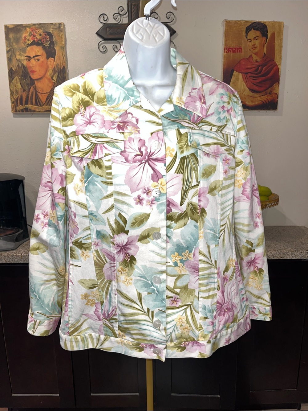 Alfred Dunner Floral Stretch Denim Jacket, size 14